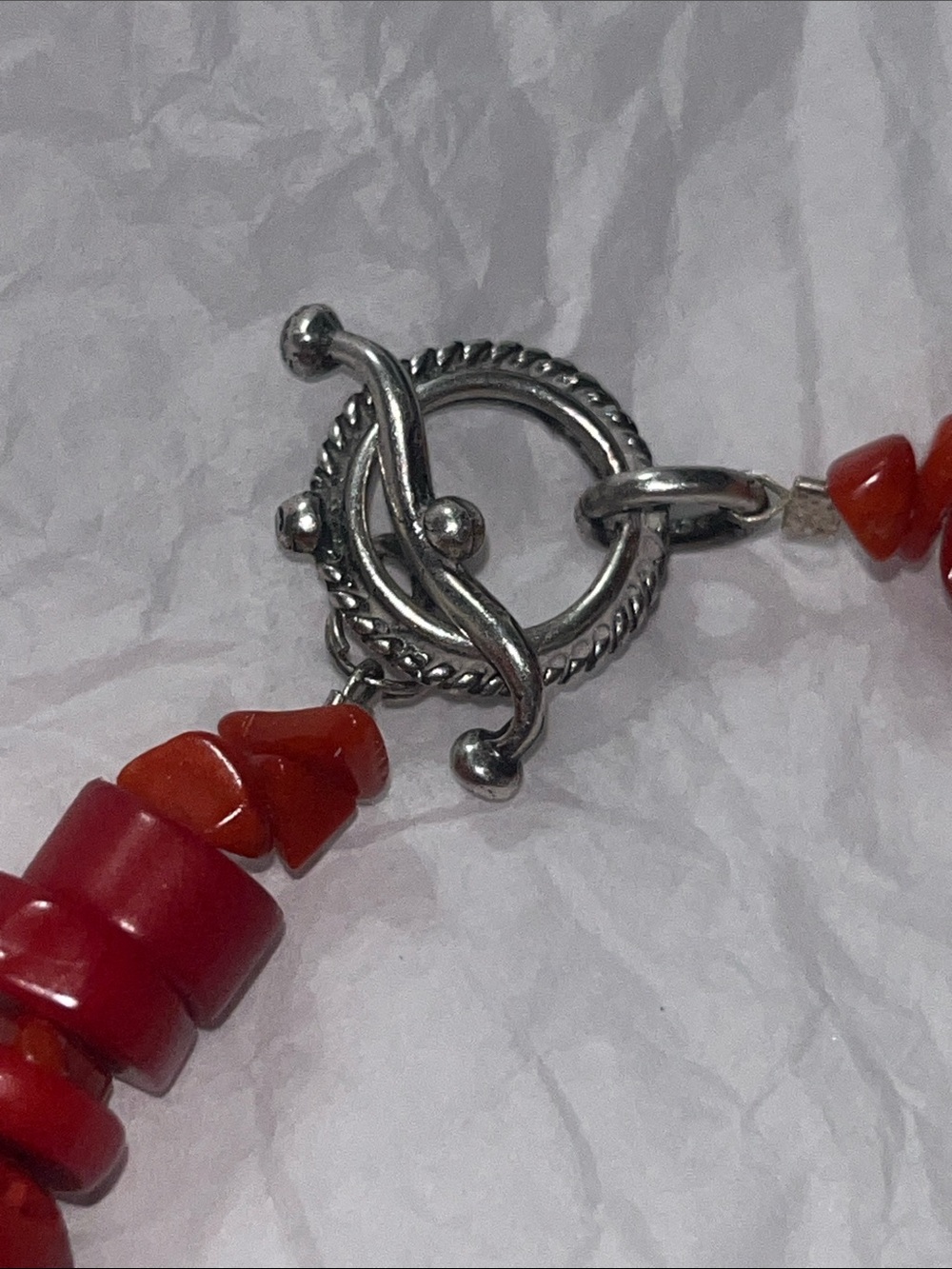 .925 Red Bamboo coral Bracelet with Silver and cinnabar Accent Beads - Picture 3 of 7